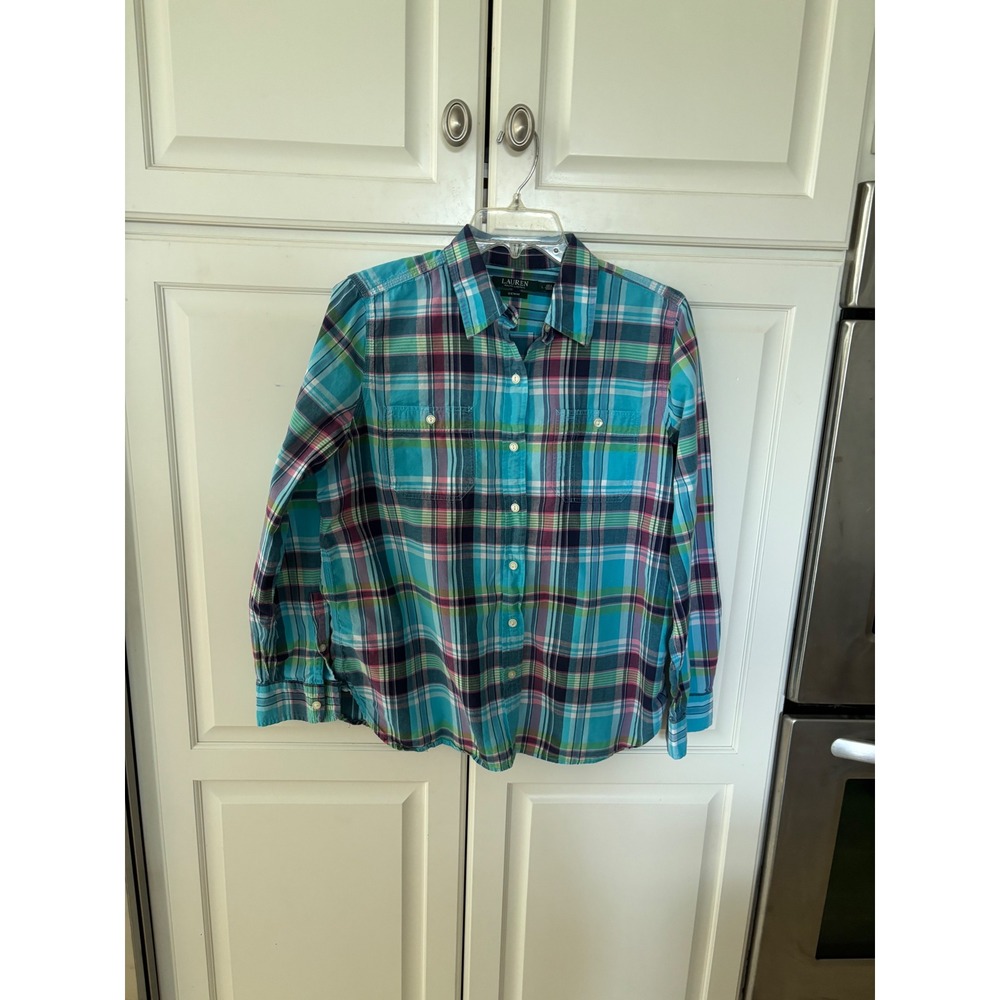 Lauren Ralph Lauren Denim Women L Plaid Button Down Shirt Turquoise Pink Cotton
